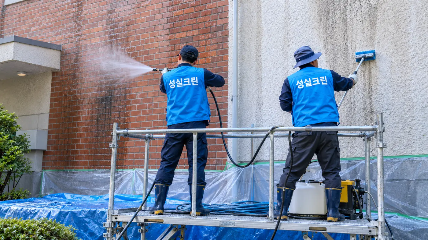 성실크린 건물외벽청소 전문 장비 작업