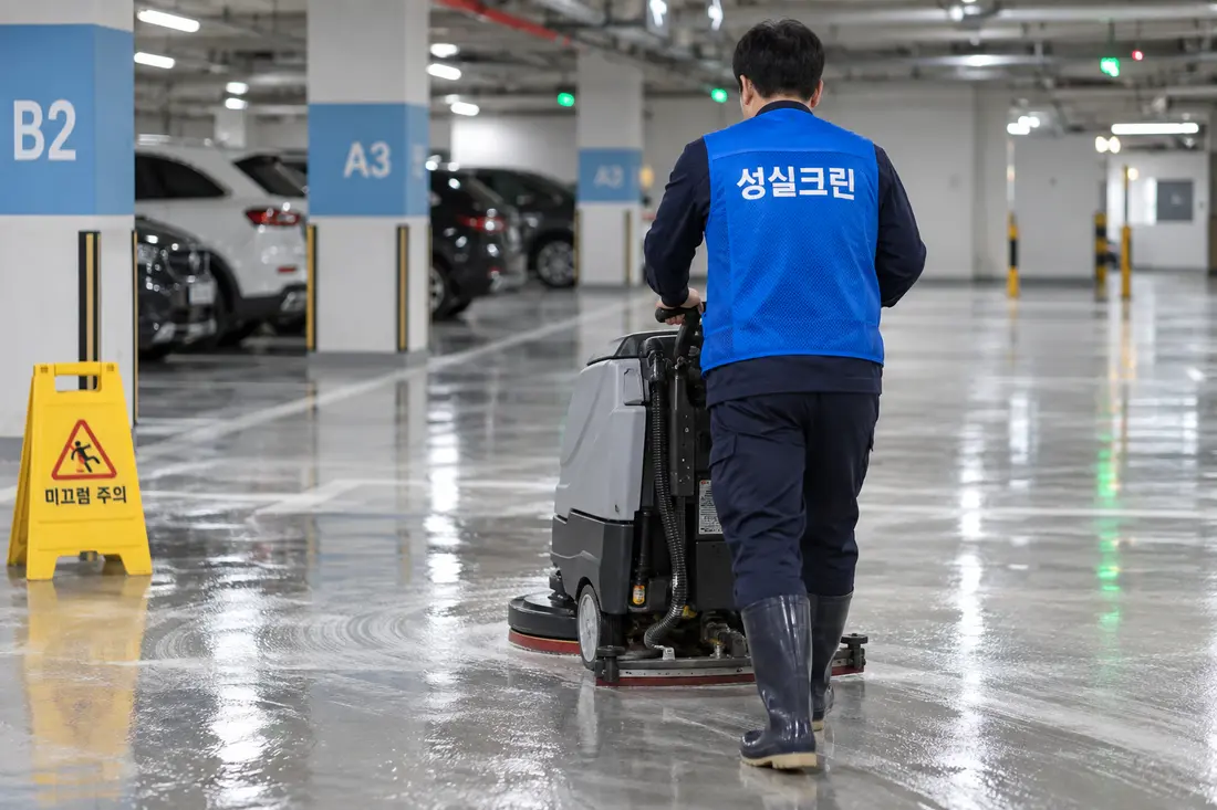 성실크린 주차장청소 전문 장비 작업